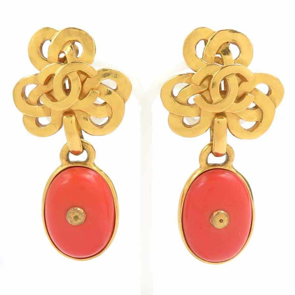 Chanel earrings, Coco Mark design, metal, stone, gold, orange, women's, e61854a